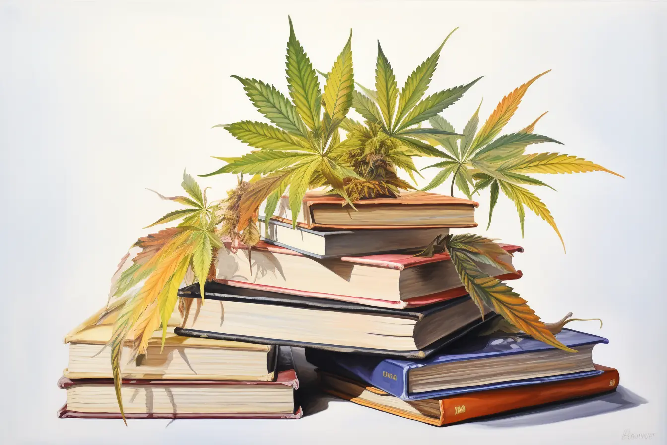 Eine Pflanze mit vielen Namen, Cannabis, bedeckt einen Haufen von Büchern in verschiedenen Farben, die das Lesen spannend machen.